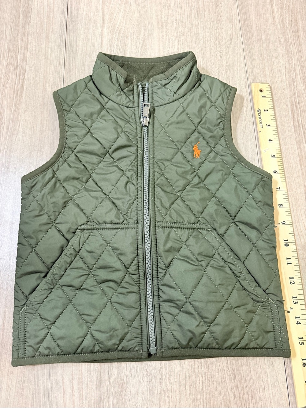 Polo by Ralph Lauren Olive Quilted Kids Vest with Orange Pony